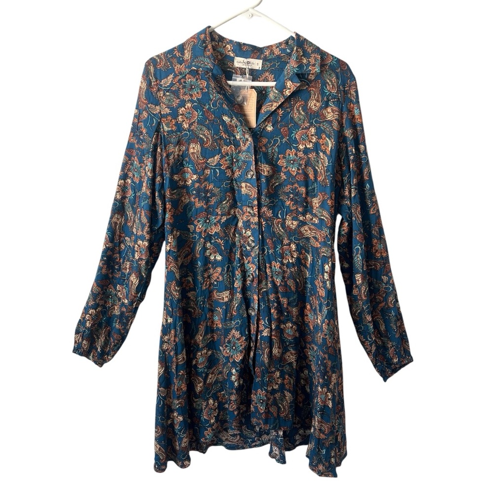 Natural Life Paisley Floral Long Sleeve Hi Low Boho Western Tunic Dress,Small